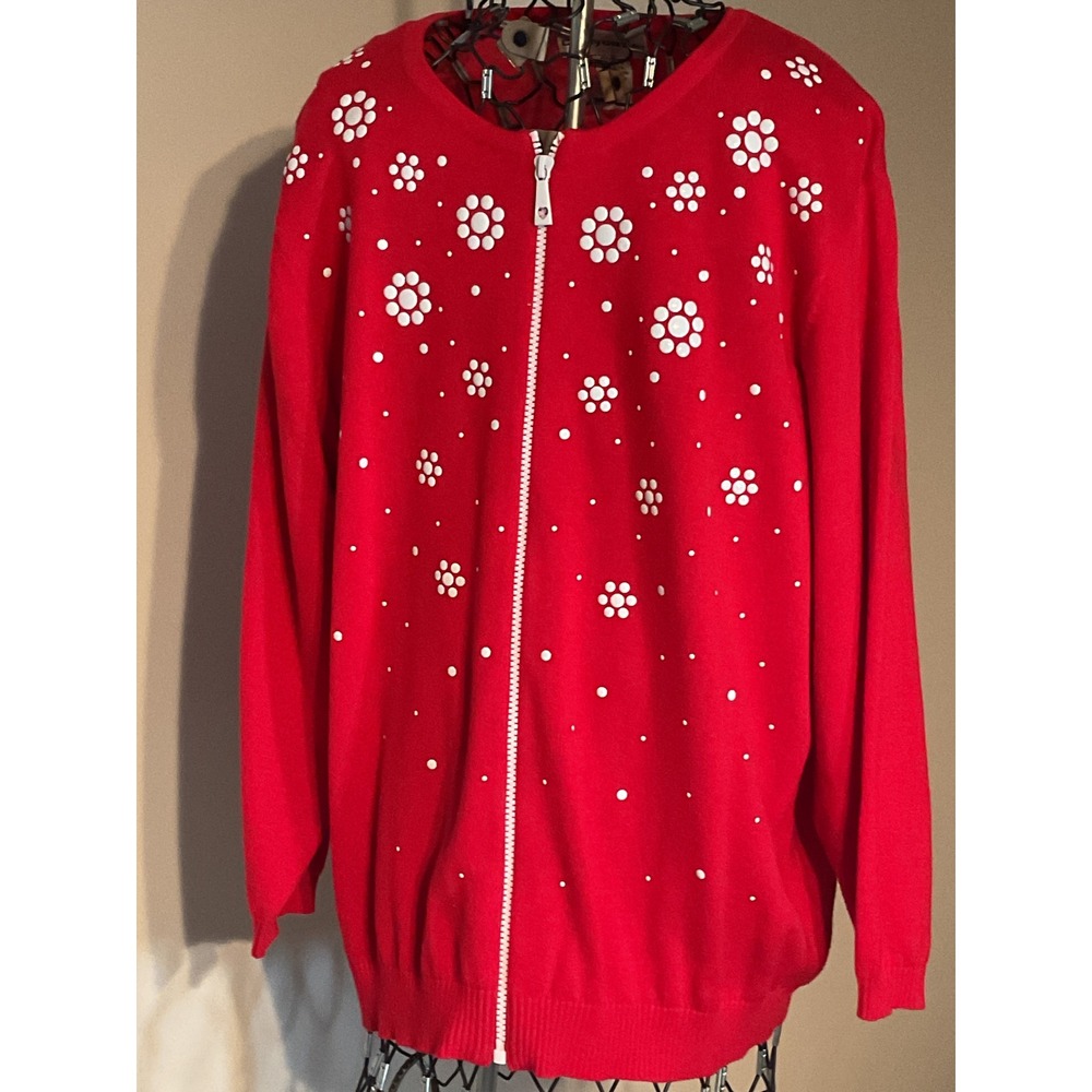 Cathy Daniels Red Cotton Zip Front Cardigan Sweater Floral Studded Womens Large